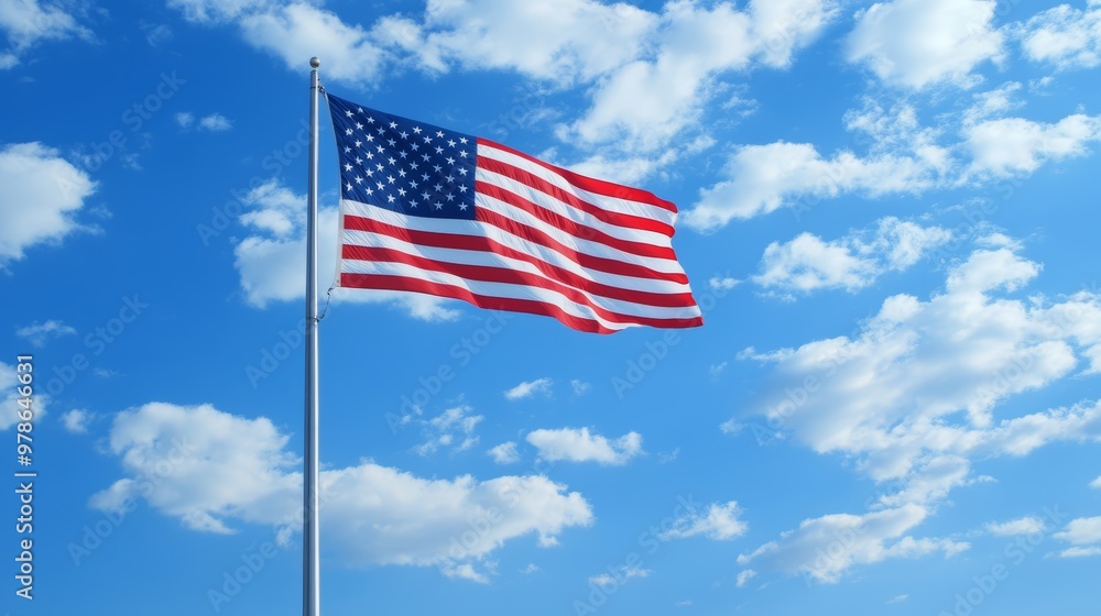 American Flag Waving in Blue Sky with White Clouds Stock Photo | Adobe ...