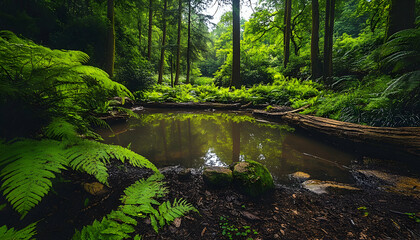 Wall Mural - Tranquil pond in a lush green forest.