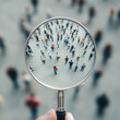 © carolina - Magnifying glass focused on group of people. Looking for person in crowd. Searching candidate for employment in labor market