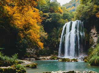 Wall Mural - Waterfall in Autumn Forest