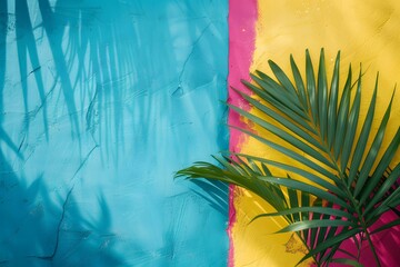 Wall Mural - Tropical Leaf Shadow on Blue and Yellow Wall