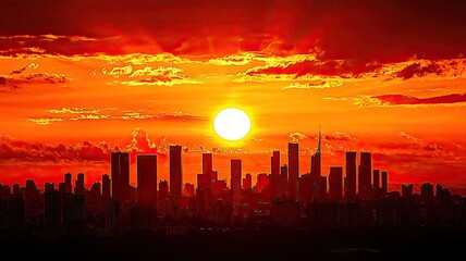 Wall Mural - Breathtaking sunset over a city skyline, with vibrant orange and red hues illuminating tall buildings and a vast sky.