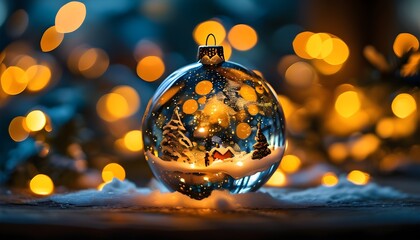 Wall Mural - Glistening Gold Christmas Night with Bright Bokeh Reflections in Glass