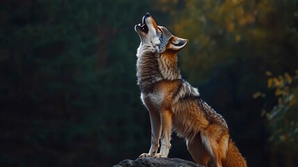 Poster - wolf howl on a rock at night in forest background