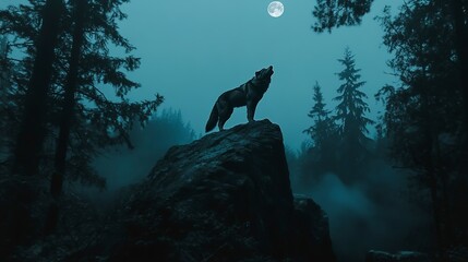 Poster - A wolf confidently stands atop a rock amidst a dark forest, illuminated only by the moonlight, Werewolf howling into the midnight sky amidst a spooky forest 