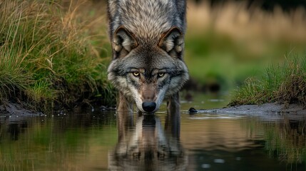 Canvas Print - Wolf with Intense Stare at Water's Edge 