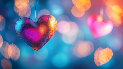 Poster - Heart Shaped Colorful Blurred Bokeh St Valentines Day Background : Generative AI
