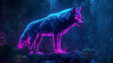 Poster - A majestic wolf illuminated by vibrant neon lights, set against an enchanted forest backdrop, exuding mystery and wild beauty. 