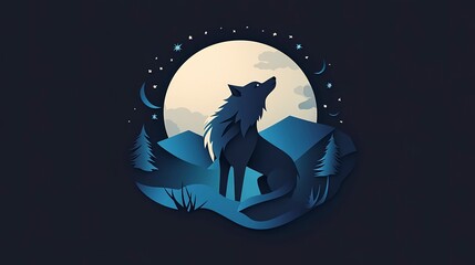 Canvas Print - Minimalist papercut design of a wolf howling on a moonlit night