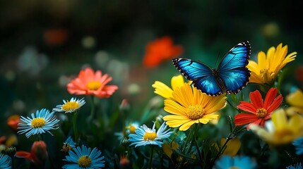Poster - Butterflies and Flowers on Black Background : Generative AI