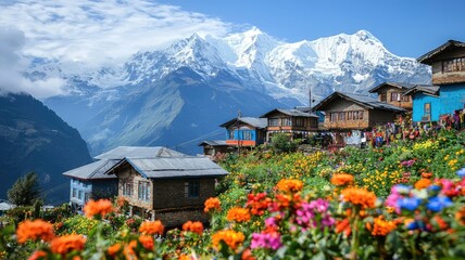 Colorful flowers bloom in a scenic village nestled against majestic snow-capped mountains under a clear blue sky.