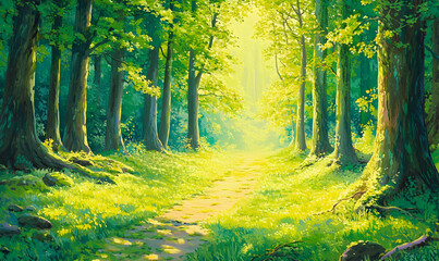 Sticker - A path through a lush green forest with sunlight streaming through the trees.