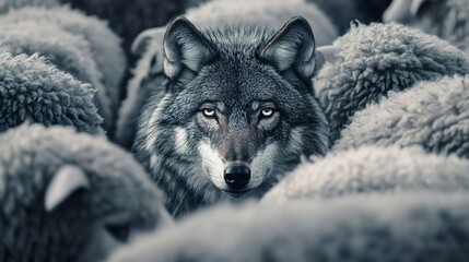 Canvas Print - A cunning wolf blends in with sheep representing individuality amidst conformity or concealed threats. Concept Identity, Individuality, Deception, Survival, Blending In