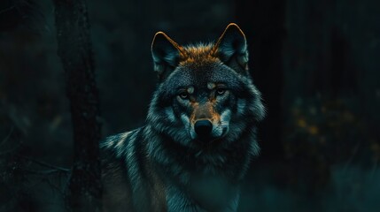 Canvas Print - Majestic wolf staring intently in a dark forest at dusk 