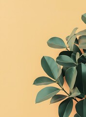 Poster - Green Leaves on Yellow Background Minimalist Nature Photography