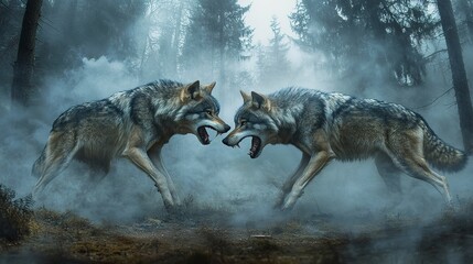 Canvas Print - Two fierce wolves confront each other in a dramatic display of power and intensity amidst a misty forest setting. 