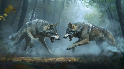 Wall Mural - two fierce wolves confront each other in a dramatic display of power and intensity amidst a misty fo
