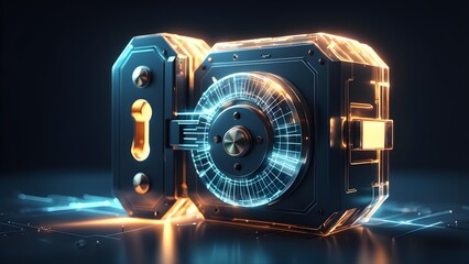 A futuristic, glowing safe with a digital lock and keyhole.