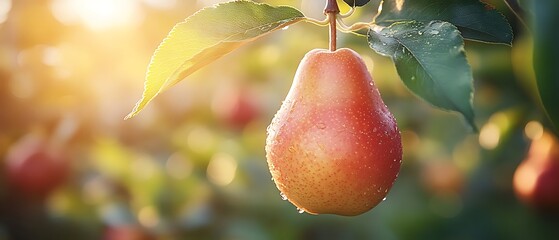 Wall Mural - Ripe red pear hanging from a branch on a sunny day.