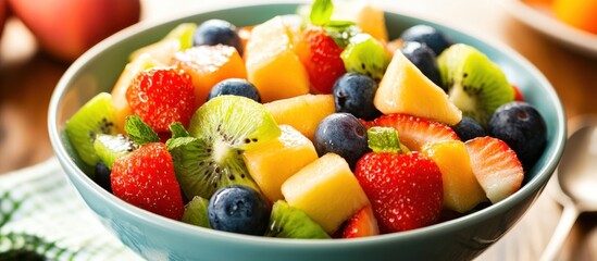 Wall Mural - Fresh Fruit Salad in a Blue Bowl