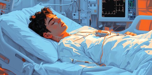 A young man sleeps peacefully in a hospital bed, connected to an IV drip. The monitor shows a steady heart rate.