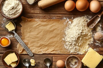 Wall Mural - Ingredients for Baking: Flour, Eggs, and Butter on a Wooden Surface