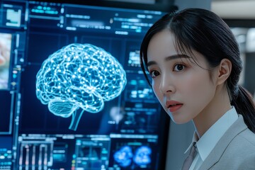 Wall Mural - Woman analyzing brain scans in a high tech lab setting symbolizing modern medical research cognitive science and digital advancements in neural technology