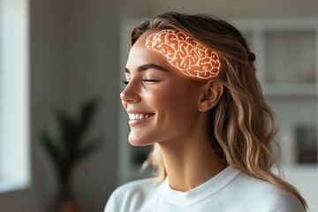 Wall Mural - Profile of a woman with glowing brain neural patterns representing mental wellness positive thinking and the integration of mind and body through modern health practices