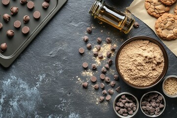 Wall Mural - Ingredients for Cookies: Brown Sugar, Chocolate Chips, and Vanilla Extract