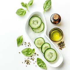 A clean spa container PNG with fresh ingredients like cucumber slices and essential oils on a white background