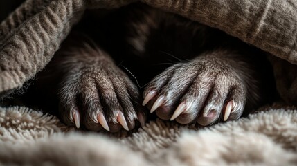 A close-up of a ferret paws and claws as it digs through a pile of bedding.