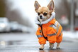 © Vasiliy - Chihuahua in bright orange safety jacket with reflective strips walking on wet pavement