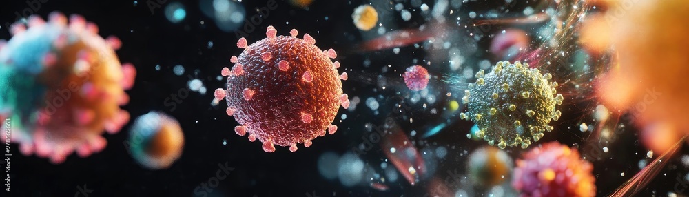 Colorful representation of microscopic viruses floating in space ...