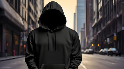 Sticker - Blank hoodie mockup .Blank sweatshirt black color preview template front and back view on city road background. crew neck mock up isolated on white background. Cloth collection.