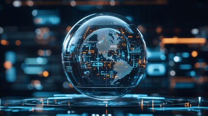 Wall Mural - a 3d holographic search engine displaying a rotating globe with live search queries, symbolizing glo