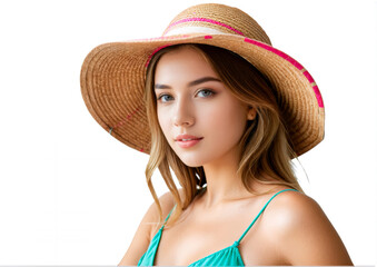 Wall Mural - beautiful young woman with beach sunhat on white background