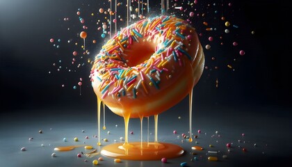 Glazed donut doughnut with colourful sprinkles floating dripping splashing with sugar icing syrup in the air. Copy text space