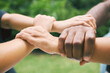 © peopleimages.com - Hands on wrists, diversity and people in park for support, connection and collaboration in nature. Friends, volunteer group and closeup of arms link for teamwork, community and solidarity outdoors