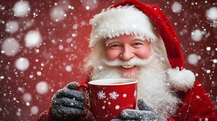 4. Warm festive scene of Santa Claus drinking hot chocolate while smiling snowflakes filling the air