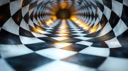 Wall Mural - A mesmerizing tunnel with a checkered pattern and glowing lights.