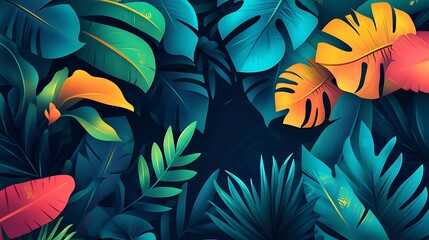 Wall Mural - Vibrant Tropical Leaves in a Lush Green and Blue Setting