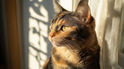 Cat with a unique fur pattern sitting by a window, sunlight casting shadows on its fur, thoughtful expression