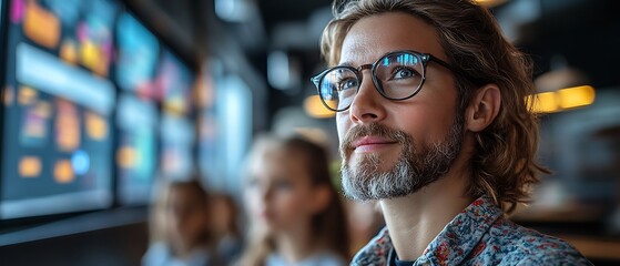 Thoughtful man in glasses looking upwards.