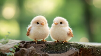 Two Little Chicks:  A pair of fluffy, adorable baby chicks perch side-by-side on a mossy log, their big eyes wide with curiosity. The soft, pastel tones and bokeh background create a dreamy, whimsical