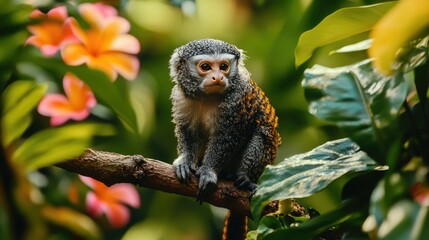 A marmoset monkey perched on a branch, with a backdrop of vibrant tropical flowers and greenery.