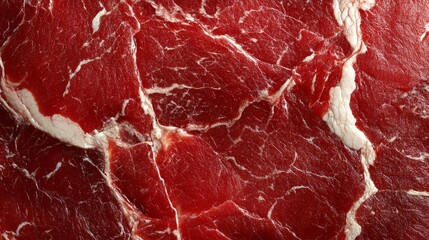 High-resolution close-up of light red meat texture with visible white veins, highly detailed and photorealistic, showcasing natural patterns and intricate textures.