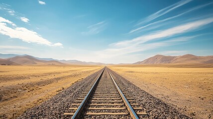 A serene view of railway tracks stretching into a vast, open landscape under a bright blue sky.