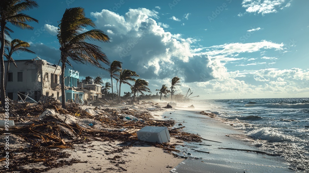 A stormy beach scene showcasing damaged structures and debris ...