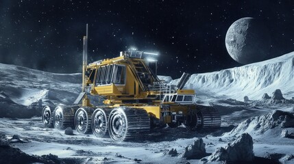 Wall Mural - lunar surface technology, drilling machines extracting lunar ice for water production, focus on reso