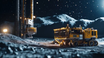 Wall Mural - lunar surface technology, drilling machines extracting lunar ice for water production, focus on reso